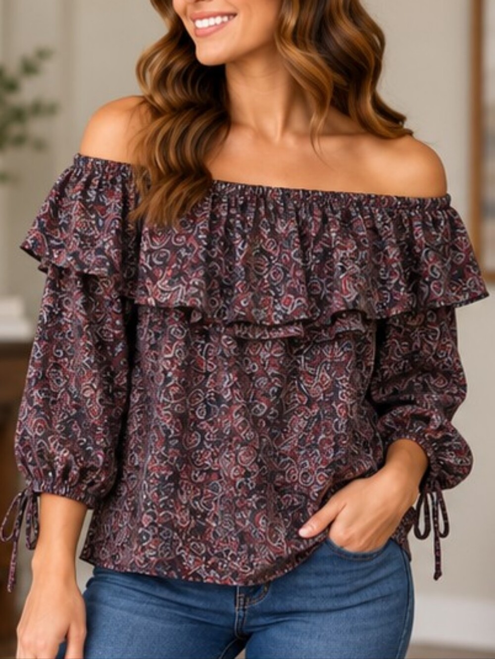 Michael Michael Kors Paisley Off Shoulder Ruffle Blouse